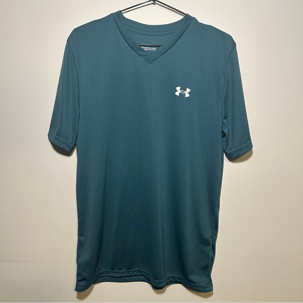 Under Armour Men's Teal V-Neck Athletic T Shirt White Logo